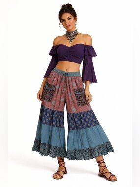 Hippie Forever Handmade Tiered Patchwork Palazzo Women SZ OS Enchanted Fairycore